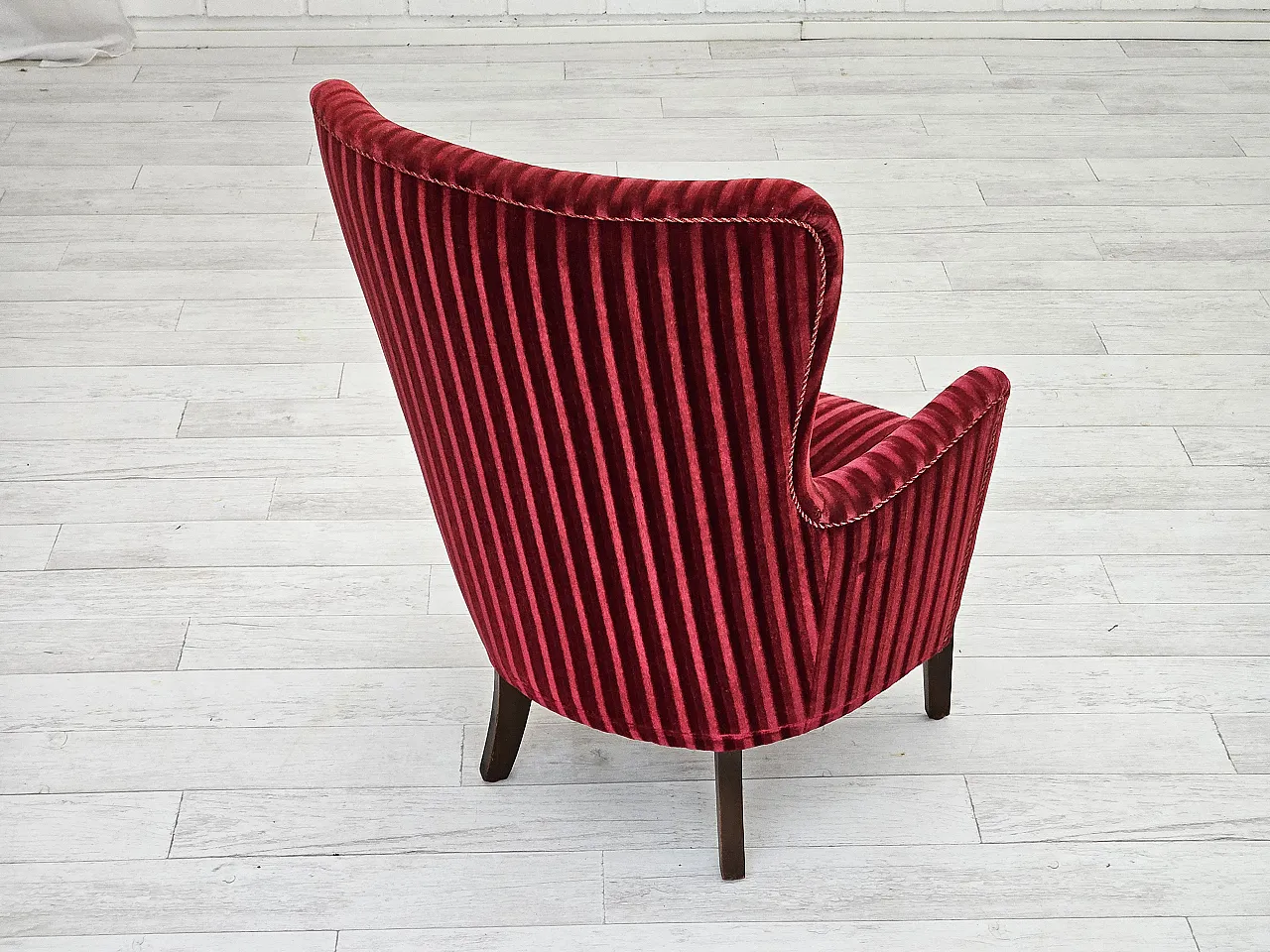 Danish armchair in cherry-red velour, 60s 8