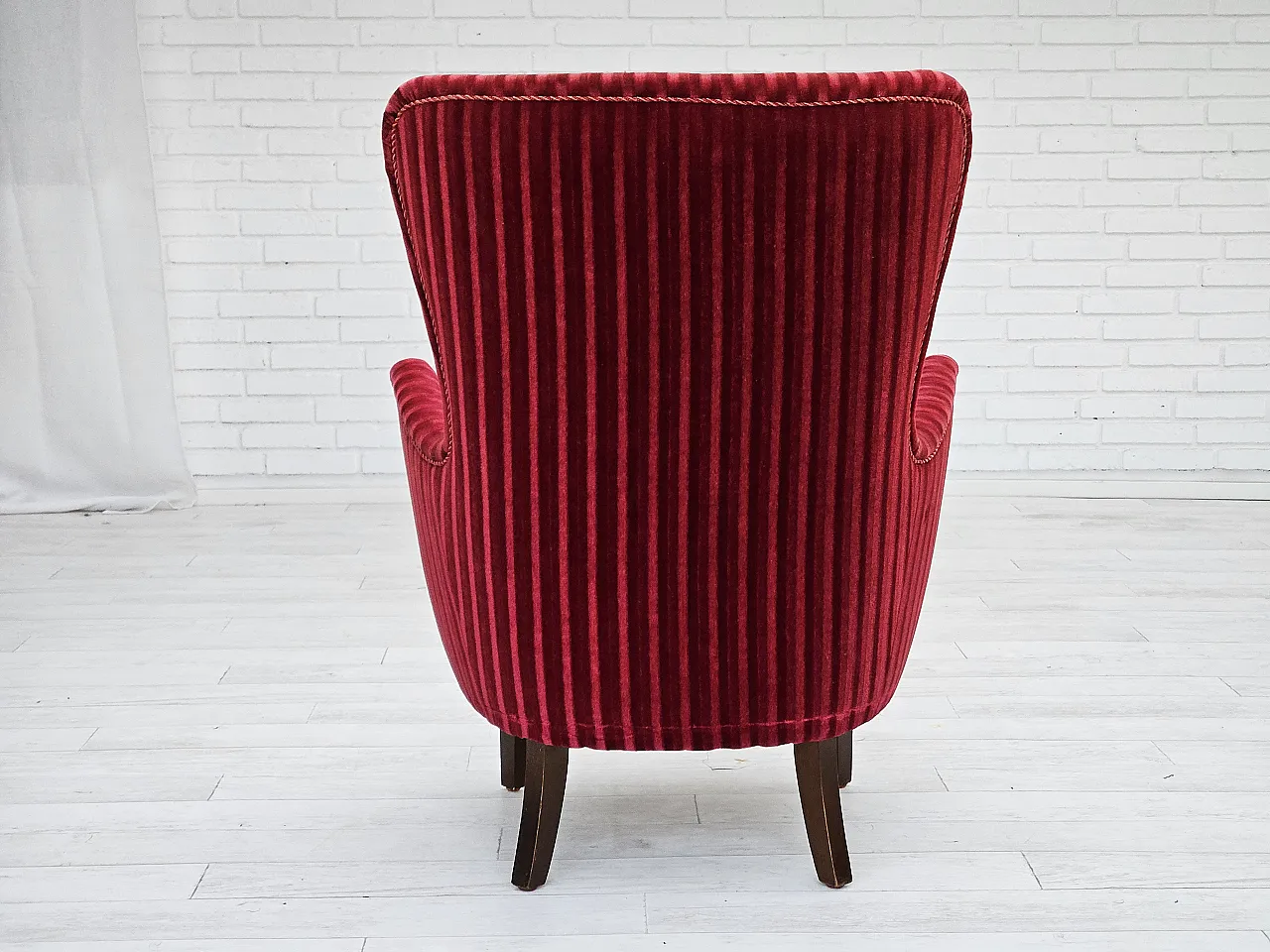 Danish armchair in cherry-red velour, 60s 9