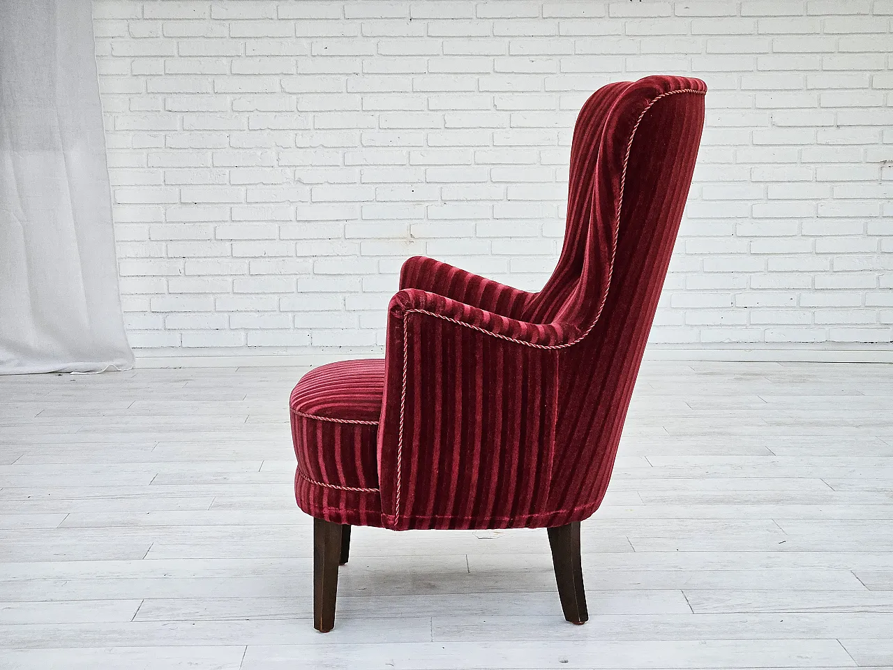 Danish armchair in cherry-red velour, 60s 11