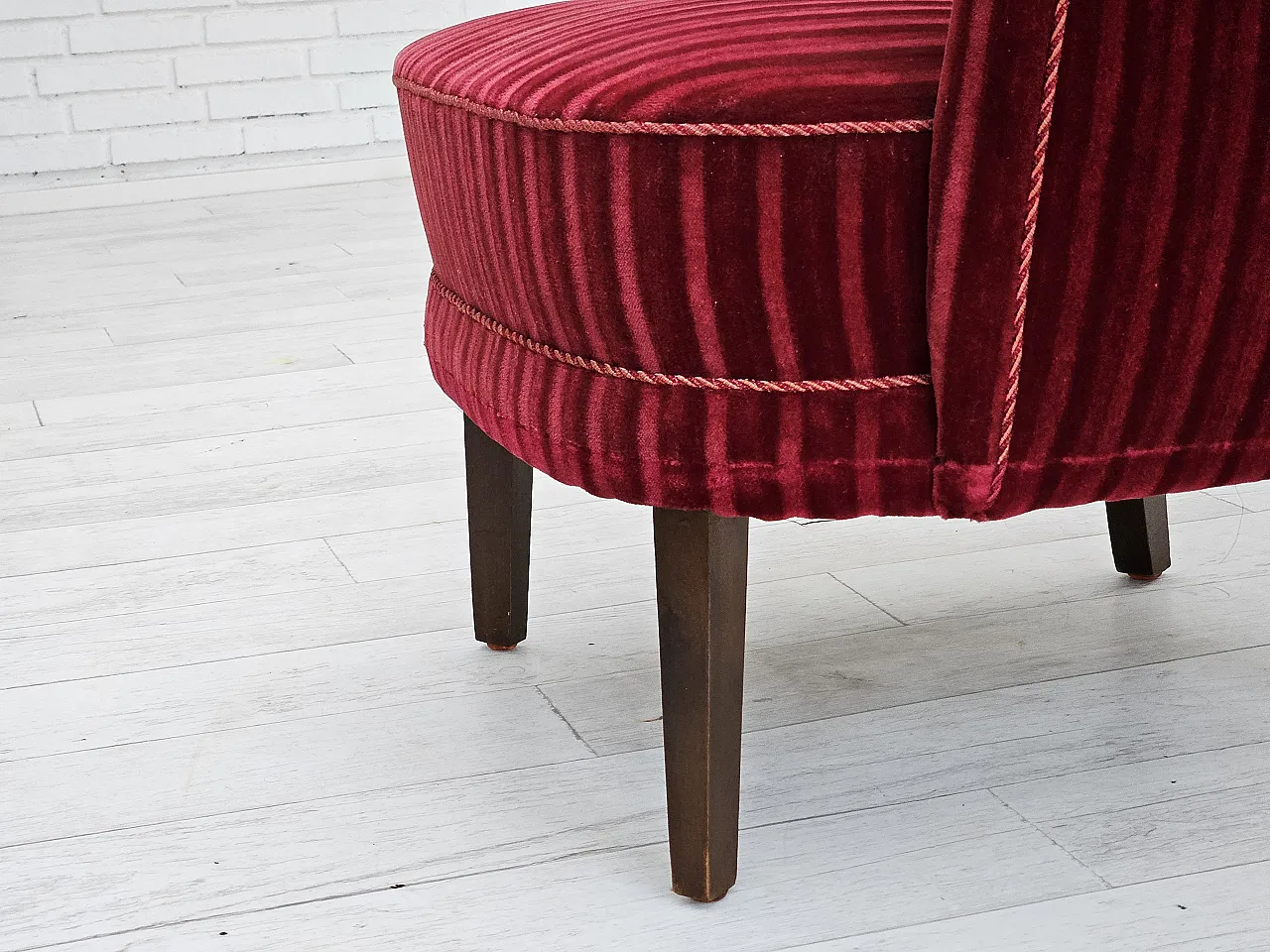 Danish armchair in cherry-red velour, 60s 12