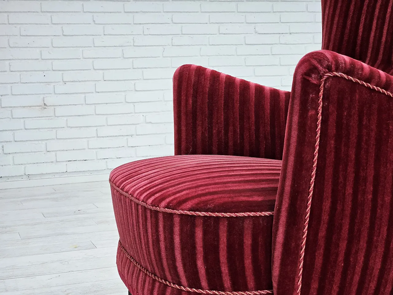 Danish armchair in cherry-red velour, 60s 13