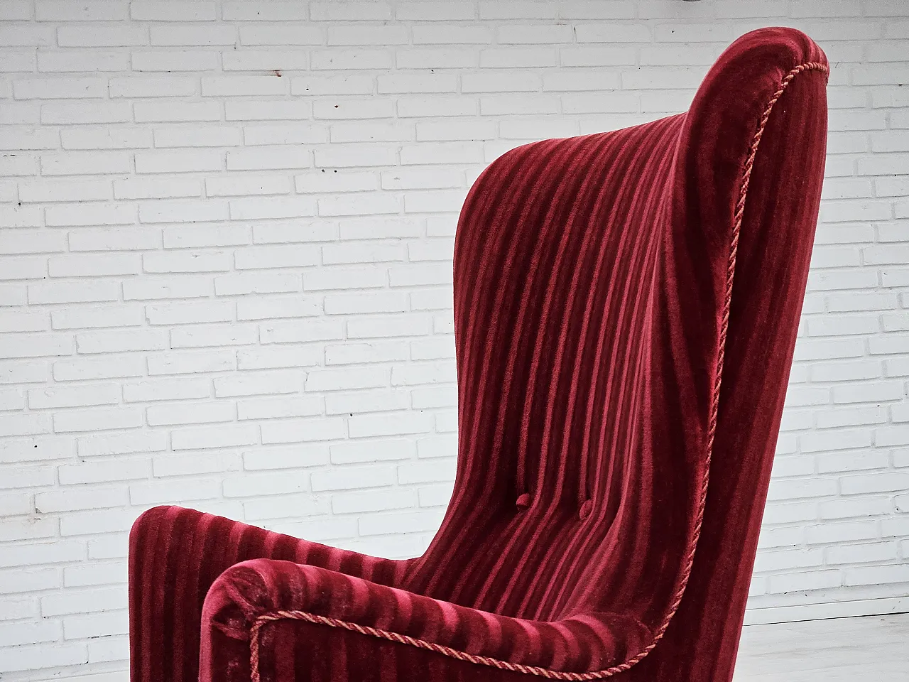 Danish armchair in cherry-red velour, 60s 14