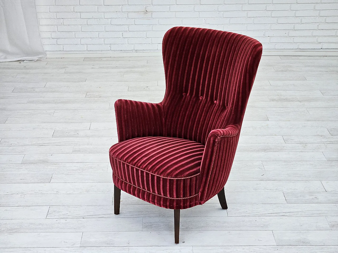 Danish armchair in cherry-red velour, 60s 16