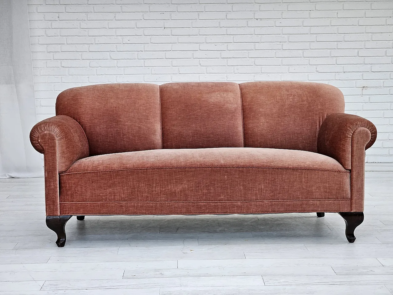 Danish 3-seater sofa, salmon-pink velour, ash wood, 1960s 1