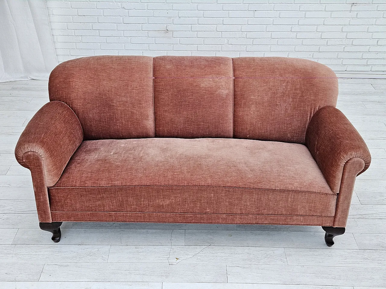 Danish 3-seater sofa, salmon-pink velour, ash wood, 1960s 2