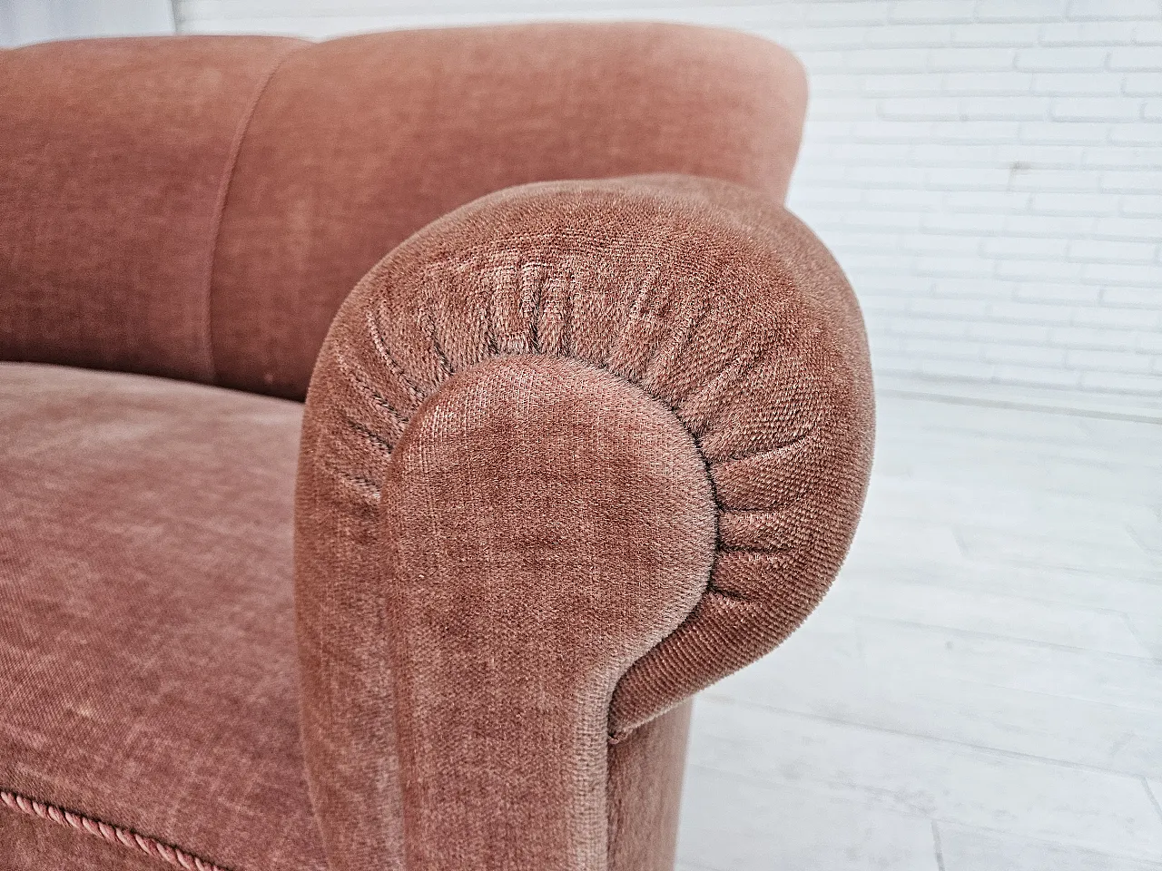 Danish 3-seater sofa, salmon-pink velour, ash wood, 1960s 3