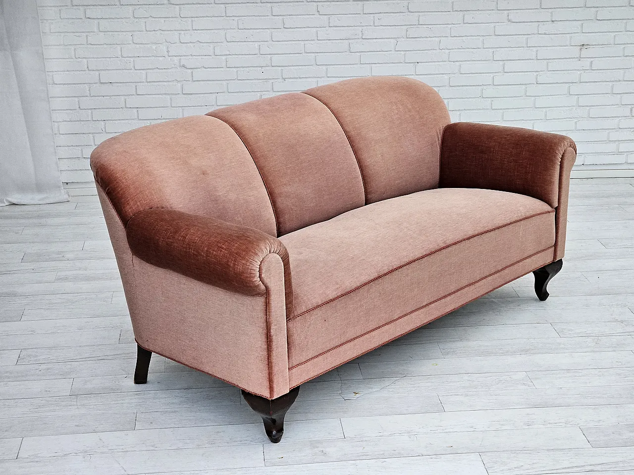 Danish 3-seater sofa, salmon-pink velour, ash wood, 1960s 4