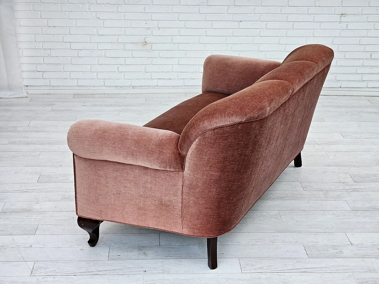 Danish 3-seater sofa, salmon-pink velour, ash wood, 1960s 12