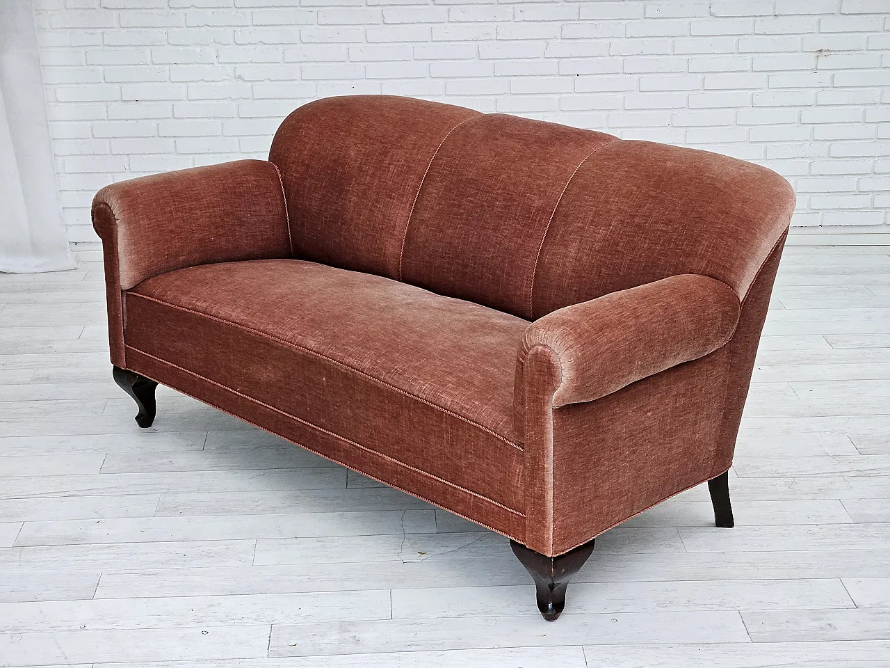 Danish 3-seater sofa, salmon-pink velour, ash wood, 1960s 16