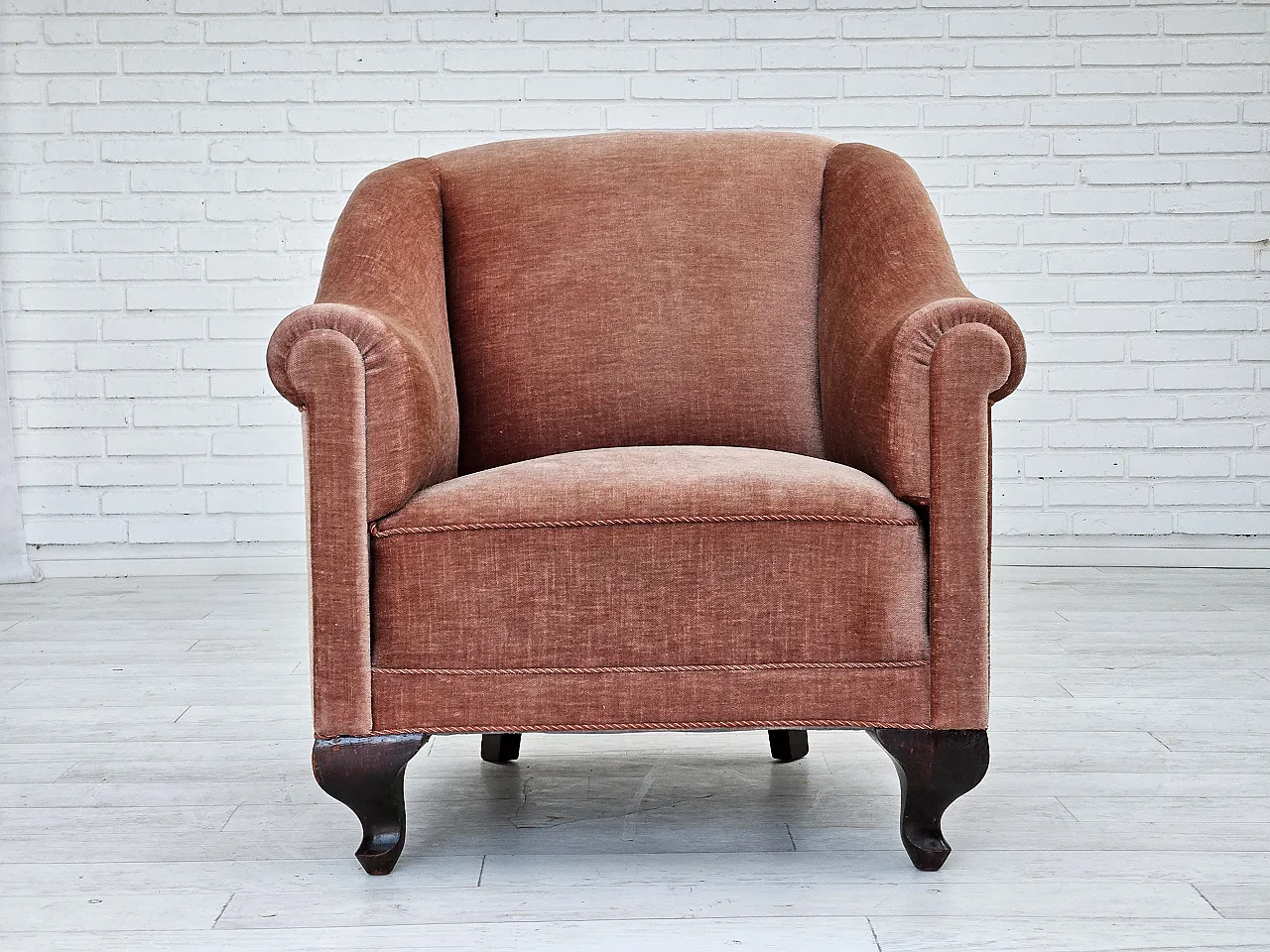 Danish lounge chair, salmon pink velour, ash wood, 1960s 1