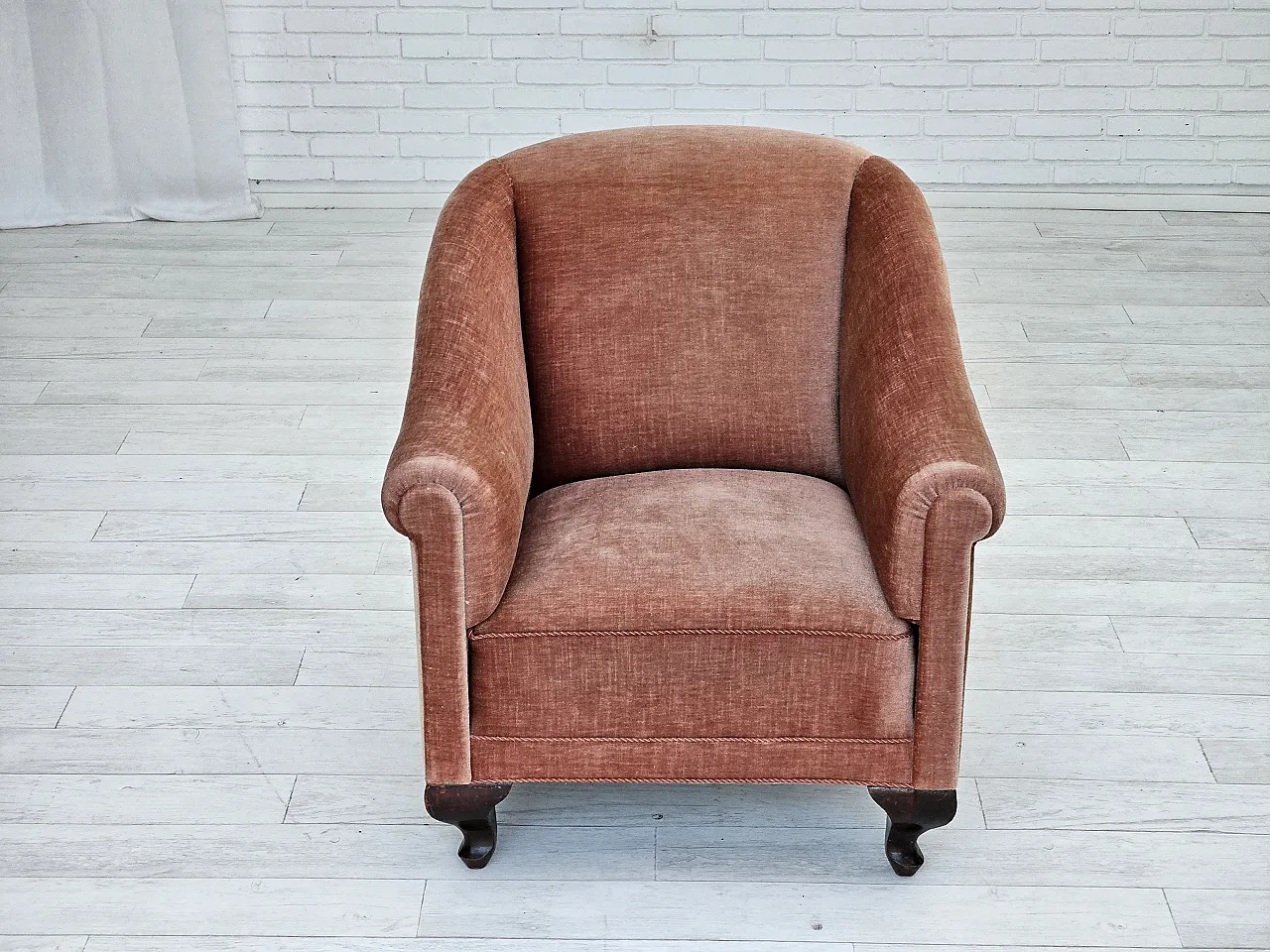 Danish lounge chair, salmon pink velour, ash wood, 1960s 2