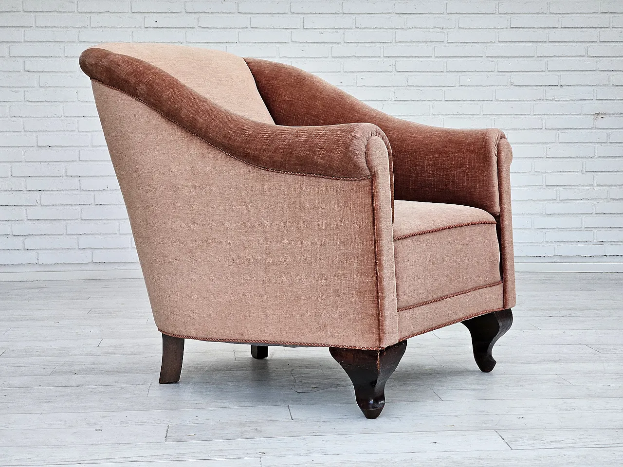 Danish lounge chair, salmon pink velour, ash wood, 1960s 4