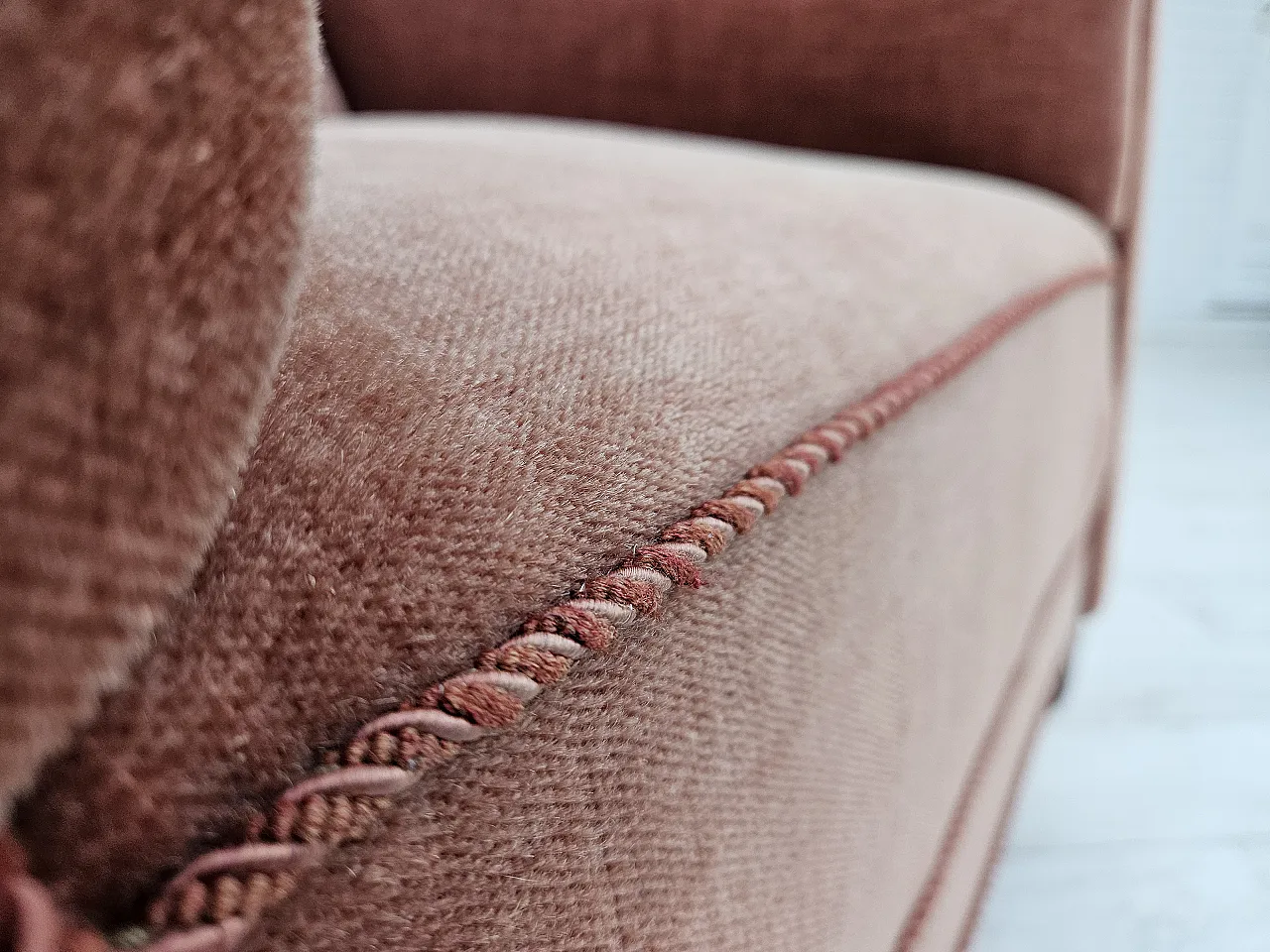 Danish lounge chair, salmon pink velour, ash wood, 1960s 5