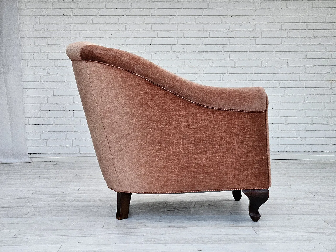 Danish lounge chair, salmon pink velour, ash wood, 1960s 6