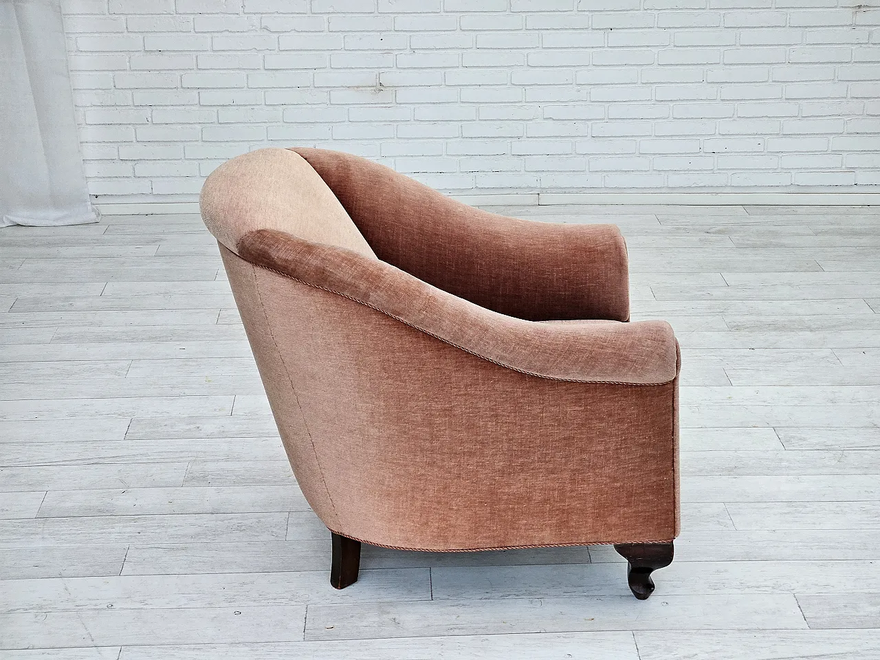 Danish lounge chair, salmon pink velour, ash wood, 1960s 7