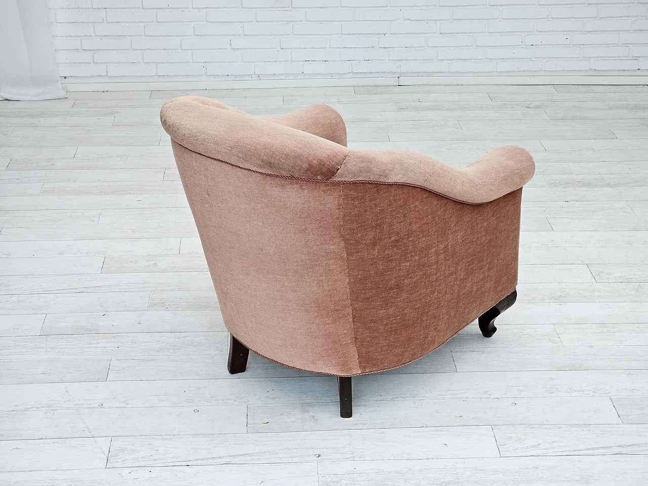 Danish lounge chair, salmon pink velour, ash wood, 1960s 8