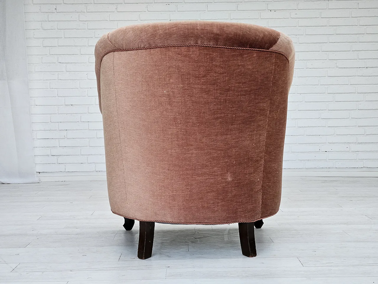 Danish lounge chair, salmon pink velour, ash wood, 1960s 9