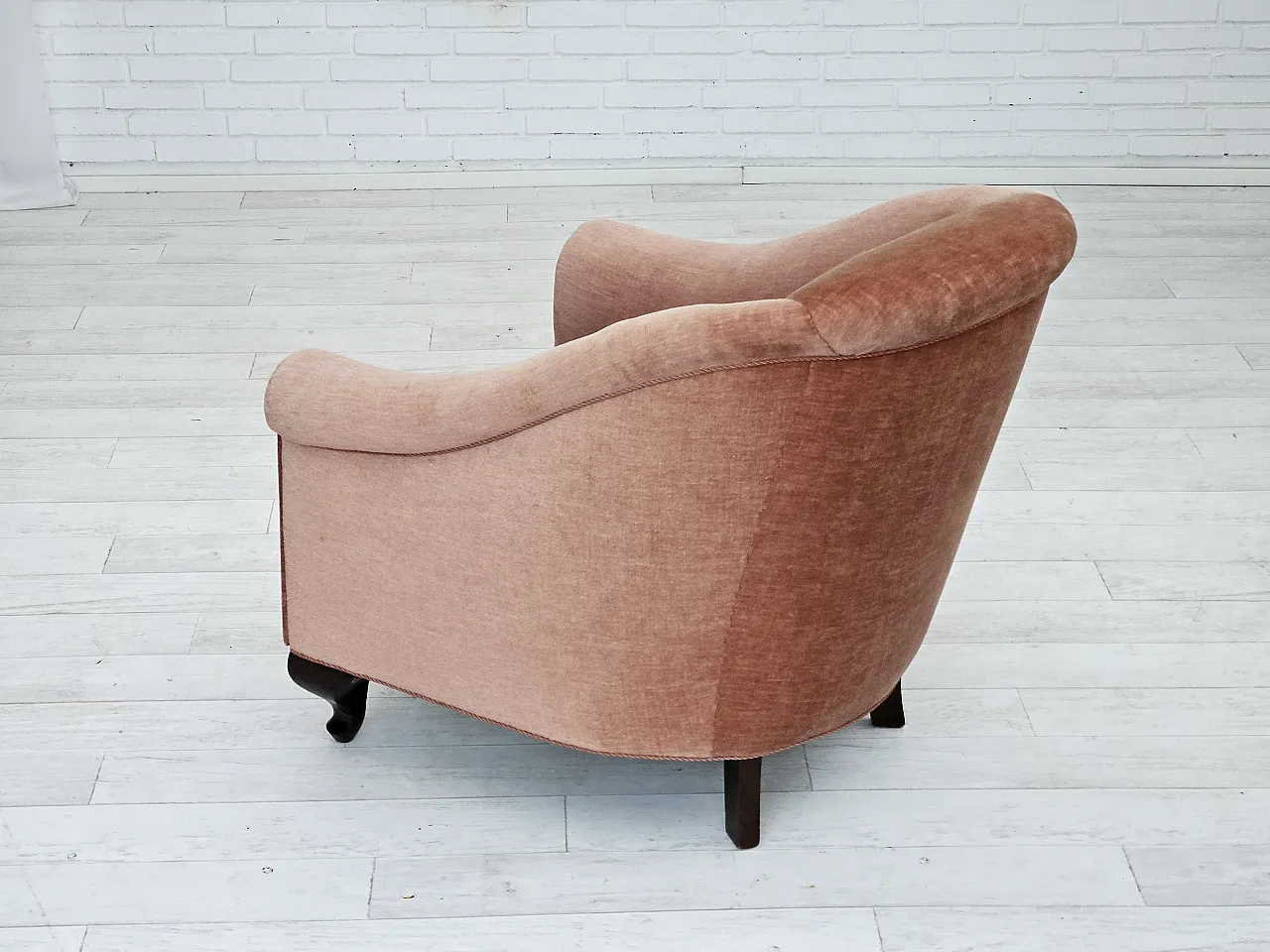 Danish lounge chair, salmon pink velour, ash wood, 1960s 10