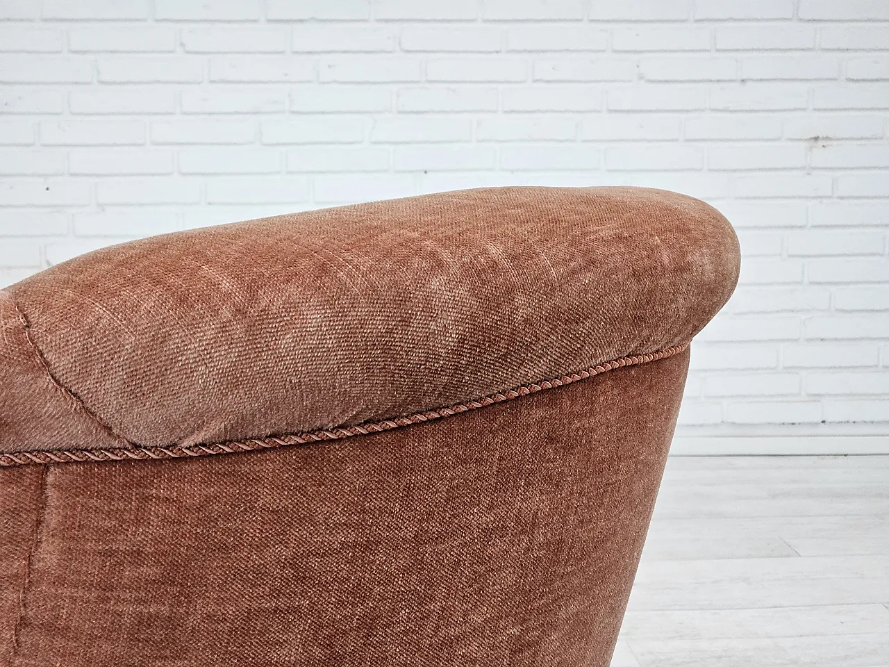 Danish lounge chair, salmon pink velour, ash wood, 1960s 11