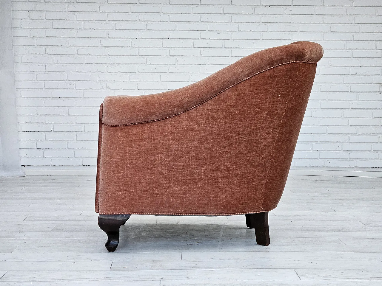 Danish lounge chair, salmon pink velour, ash wood, 1960s 12