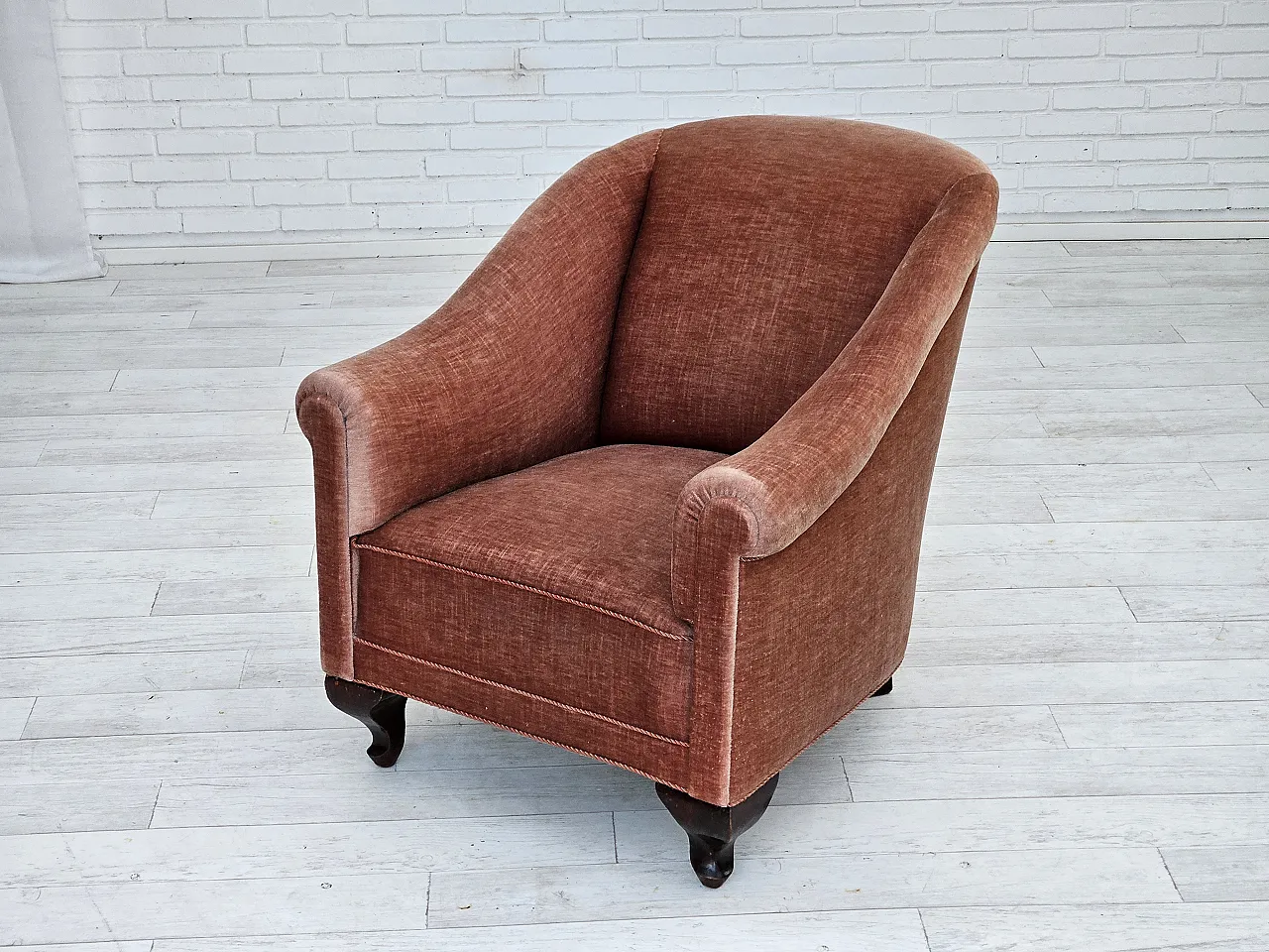 Danish lounge chair, salmon pink velour, ash wood, 1960s 13