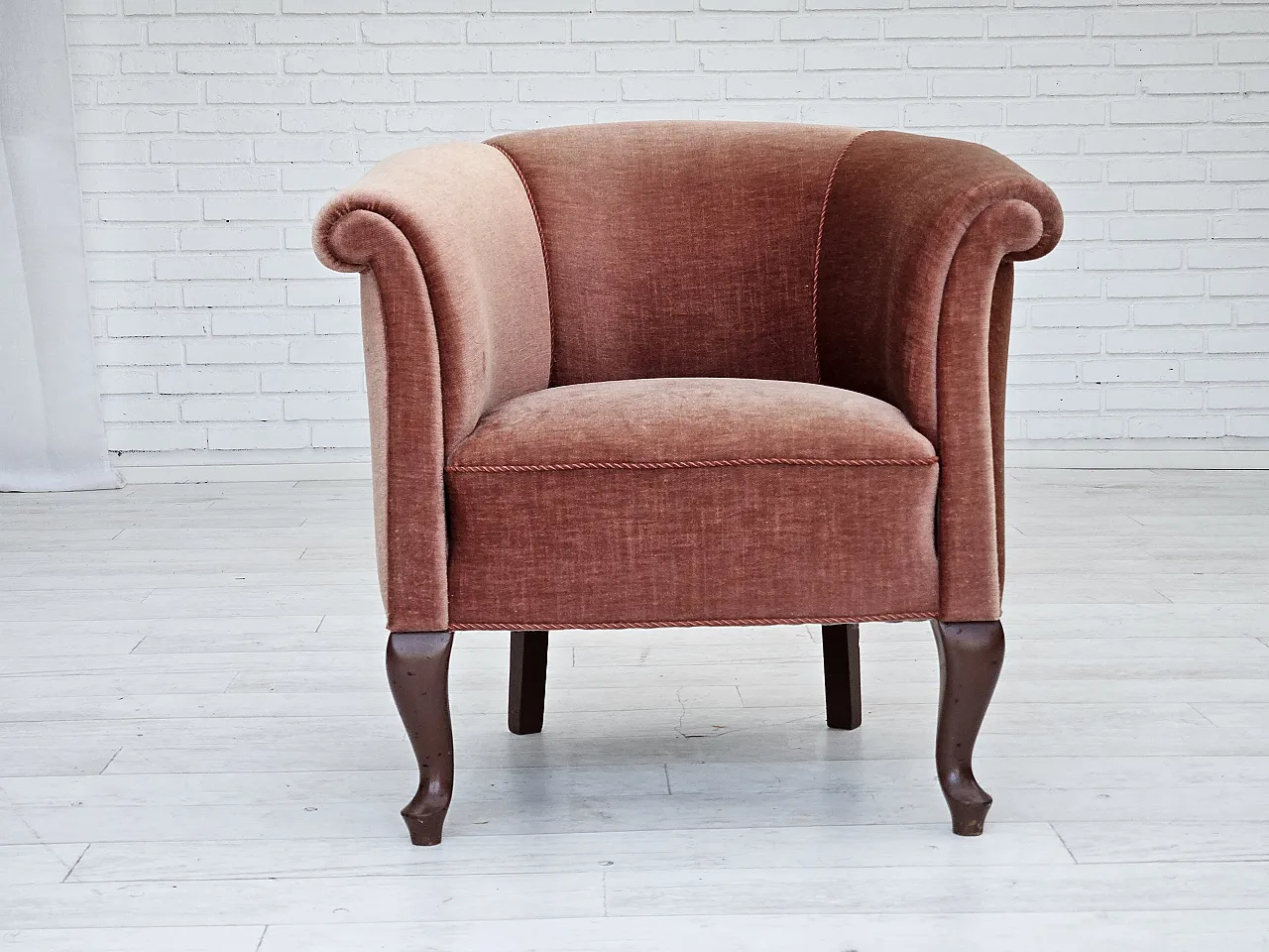 Danish lounge chair salmon pink velour, 1960s 1