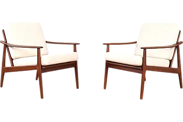 Mid-Century Danish Wood & Linen Lounge Chairs, Set of 2, 1960s.