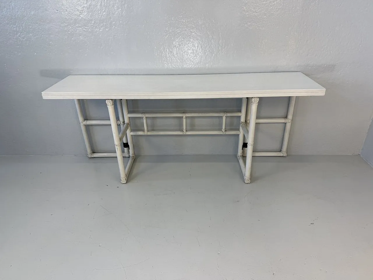 Console Table in White Lacquered Wood and Leather from McGuire, 1970s 4