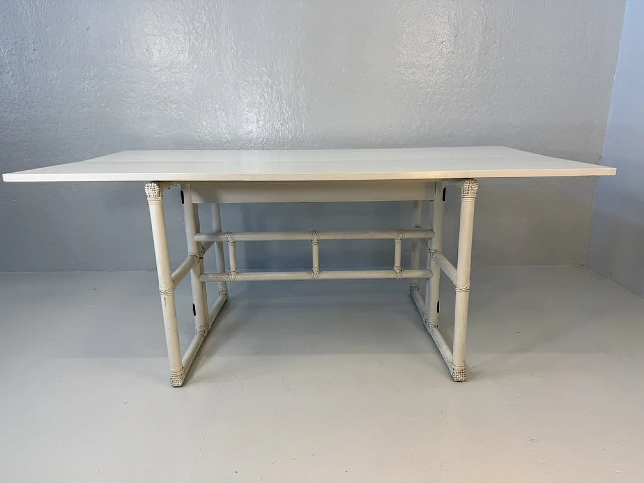 Console Table in White Lacquered Wood and Leather from McGuire, 1970s 7