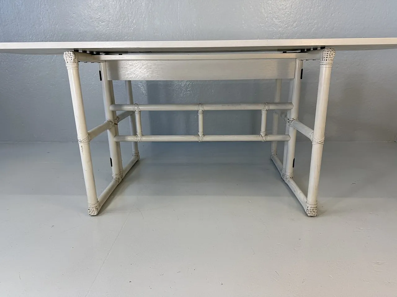 Console Table in White Lacquered Wood and Leather from McGuire, 1970s 9