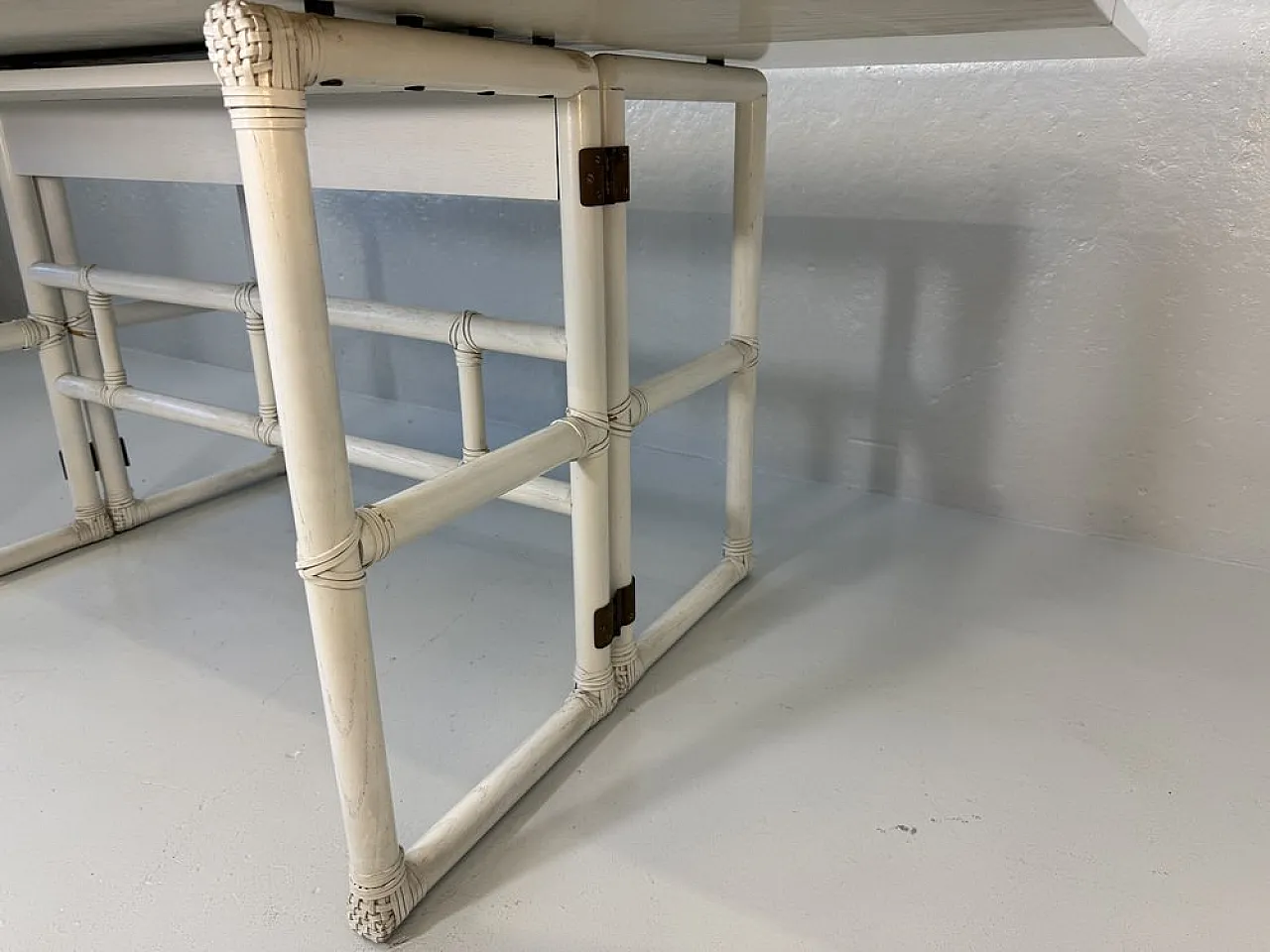 Console Table in White Lacquered Wood and Leather from McGuire, 1970s 13