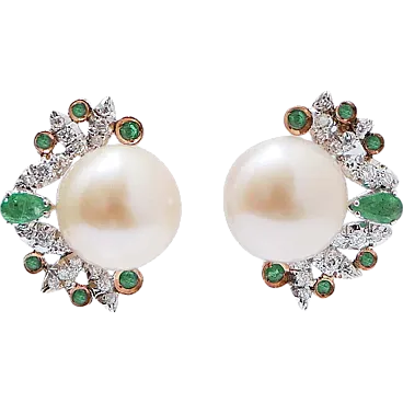 Earrings with pearls, emeralds, diamonds, white and rose gold, 1970s