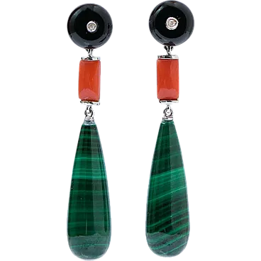 Earrings with onyx, coral, malakite, diamonds, platinum, 2000s