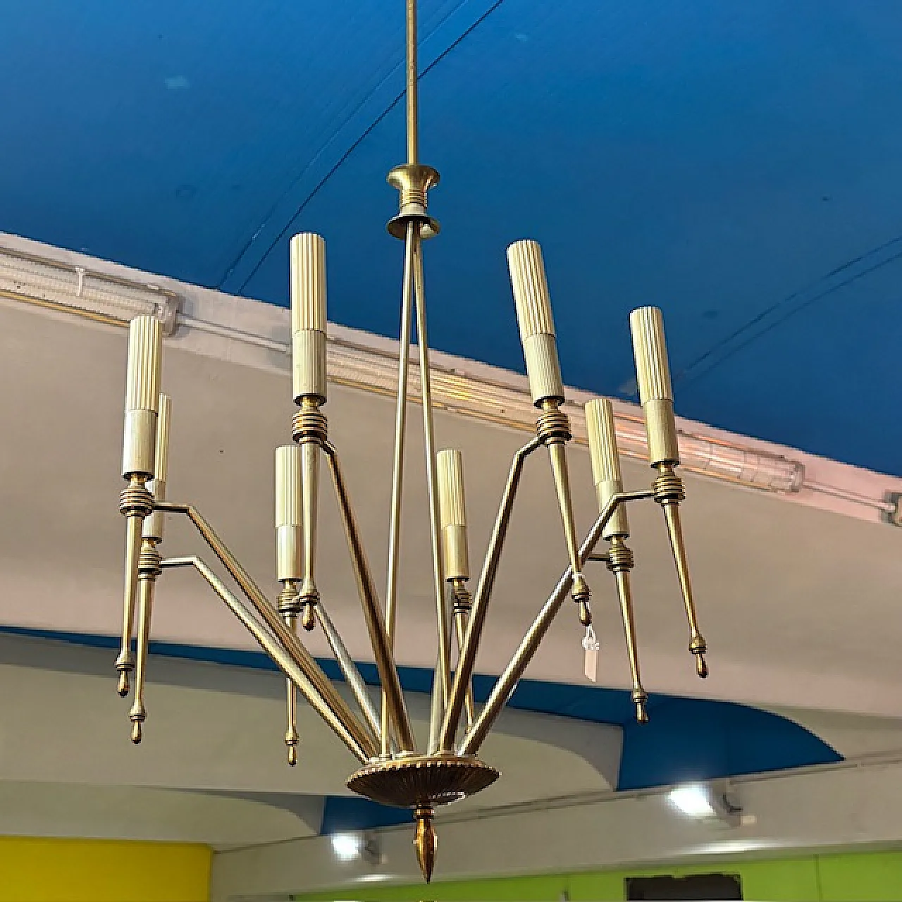 Brass 8 lights chandelier with modern lights, 1950s 1