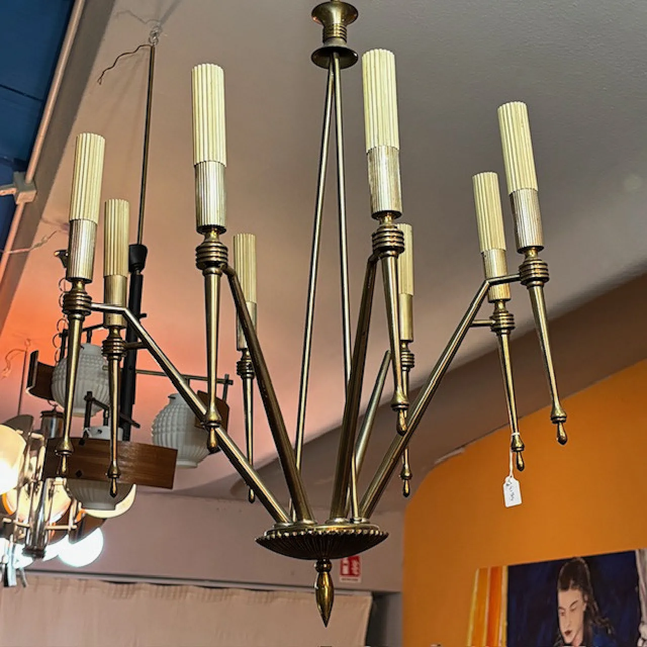 Brass 8 lights chandelier with modern lights, 1950s 7