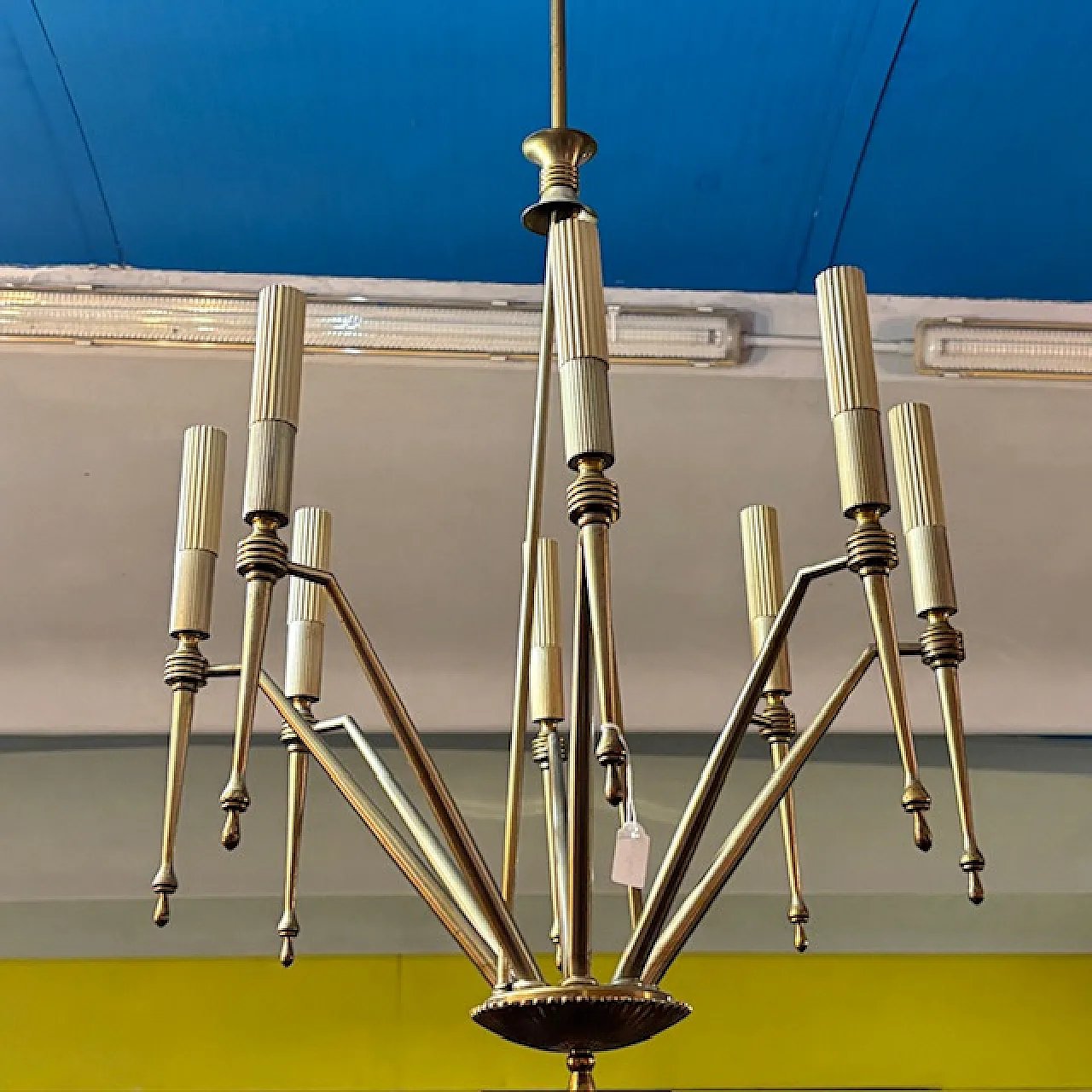 Brass 8 lights chandelier with modern lights, 1950s 9