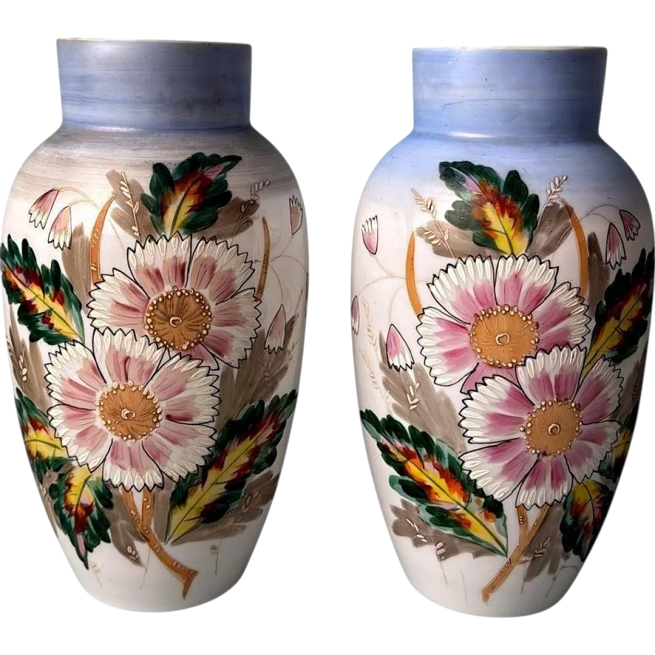 Pair of hand-painted opaline glass vases, 19th century 19