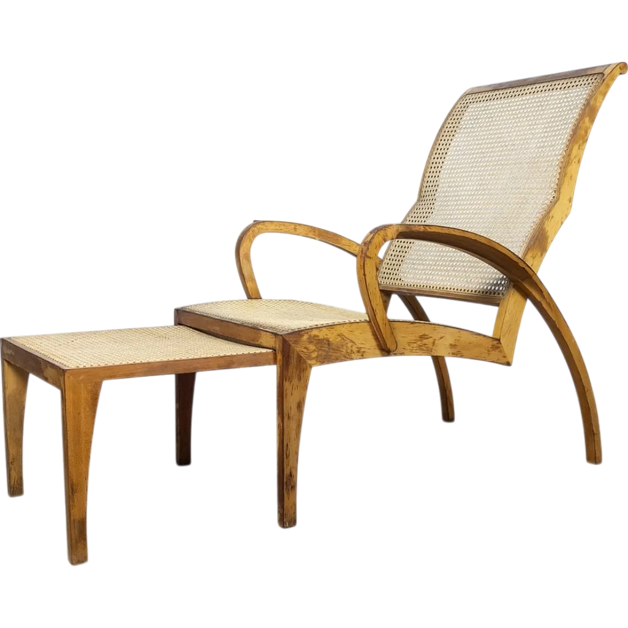 Chaise long in wood and rattan, 1940s 14