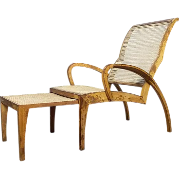 Chaise long in wood and rattan, 1940s