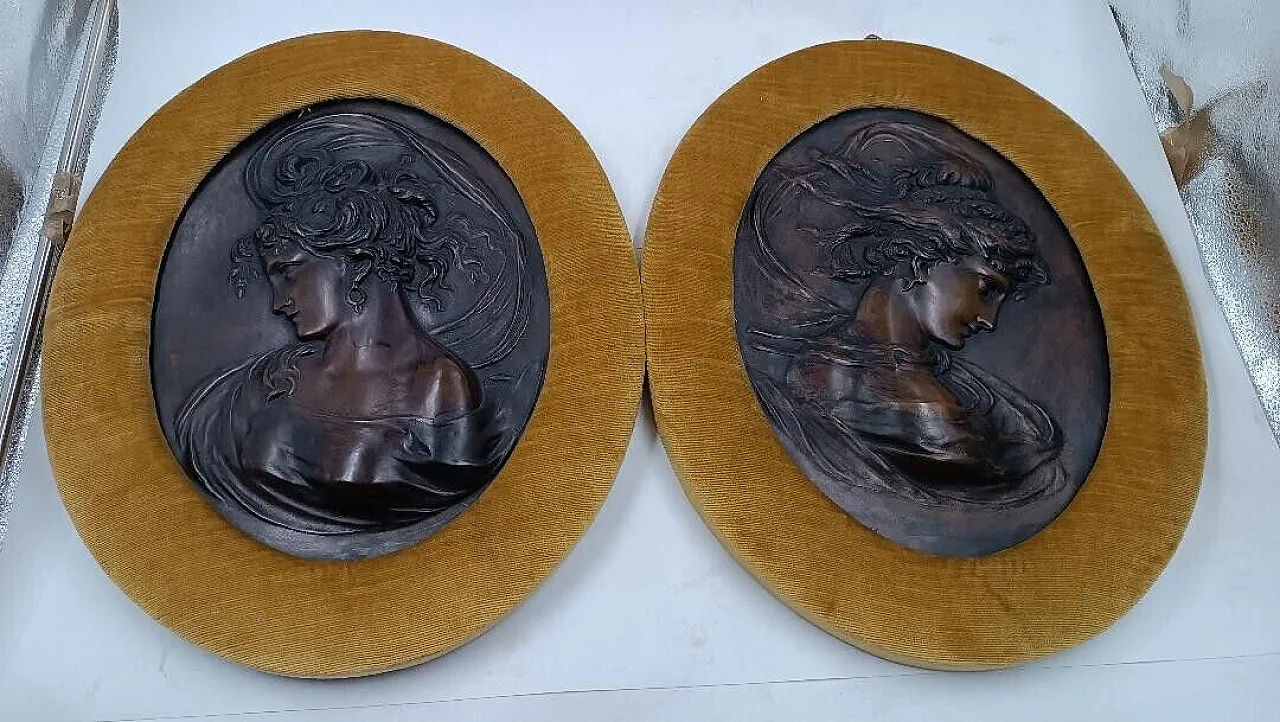 Pair of Art Nouveau bronze embossments with female faces, 20th century 2