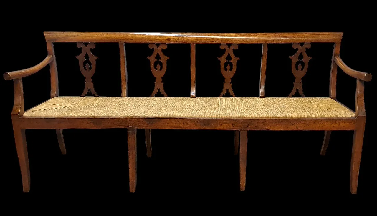 Large Emilian walnut bench with straw seat, 19th century 1