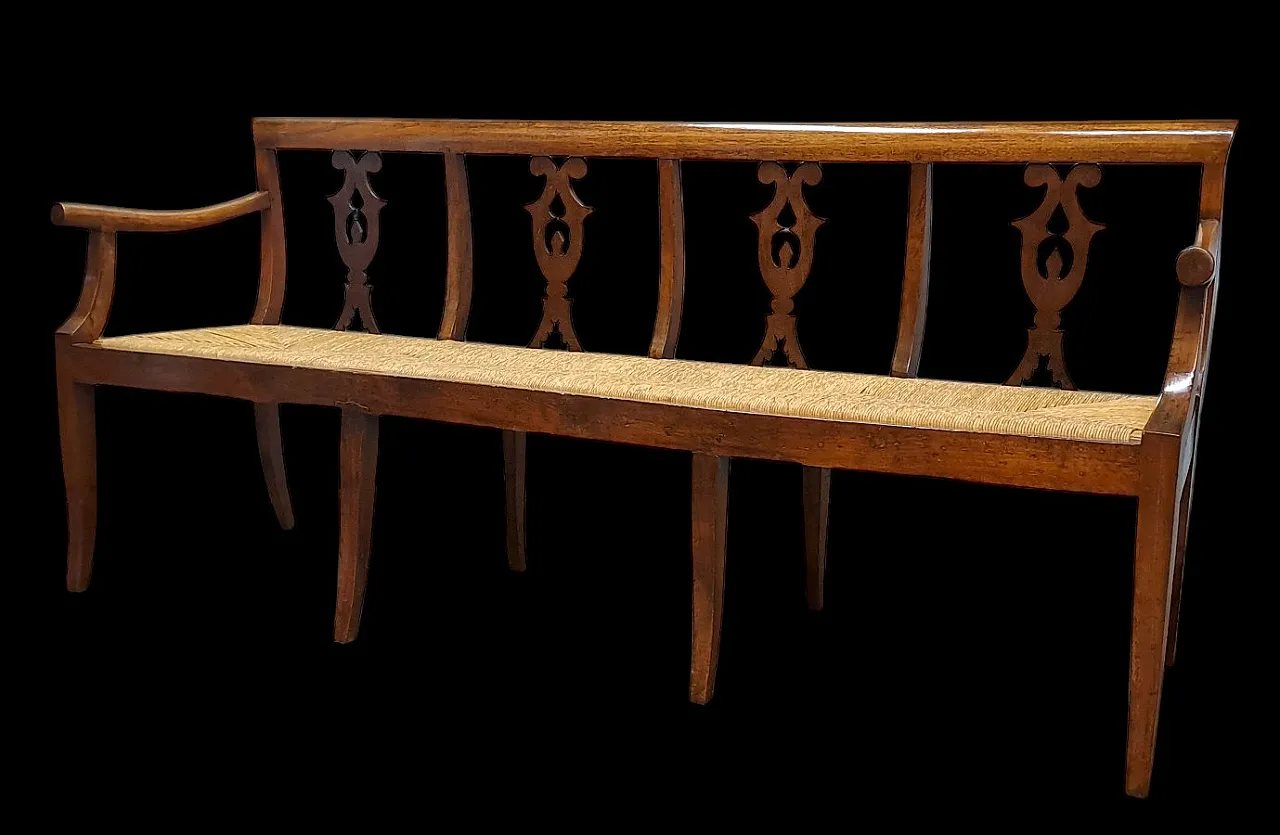 Large Emilian walnut bench with straw seat, 19th century 2