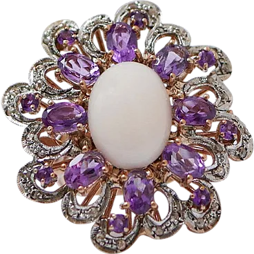 Coral, amethysts, diamonds, rose gold and silver ring, 1950s