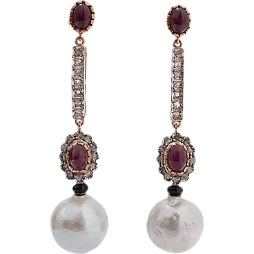 Grey pearls, rubies, onyx, diamonds, rose gold and silver, 1970s