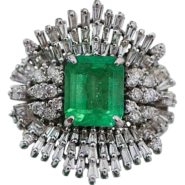 Emerald, diamonds, 18 karat white gold ring, 1970s