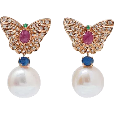 Gold earrings with pearls, diamonds, rubies, sapphires, emeralds, 1970