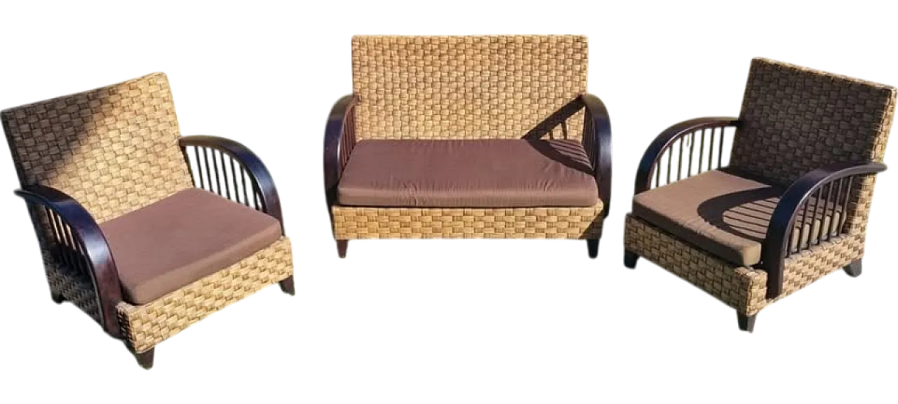 Sofa and 2 Armchairs Art Dèco in rattan, 40s 9