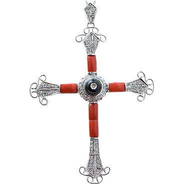 Cross pendant made of coral, onyx, diamonds and platinum, 1960s