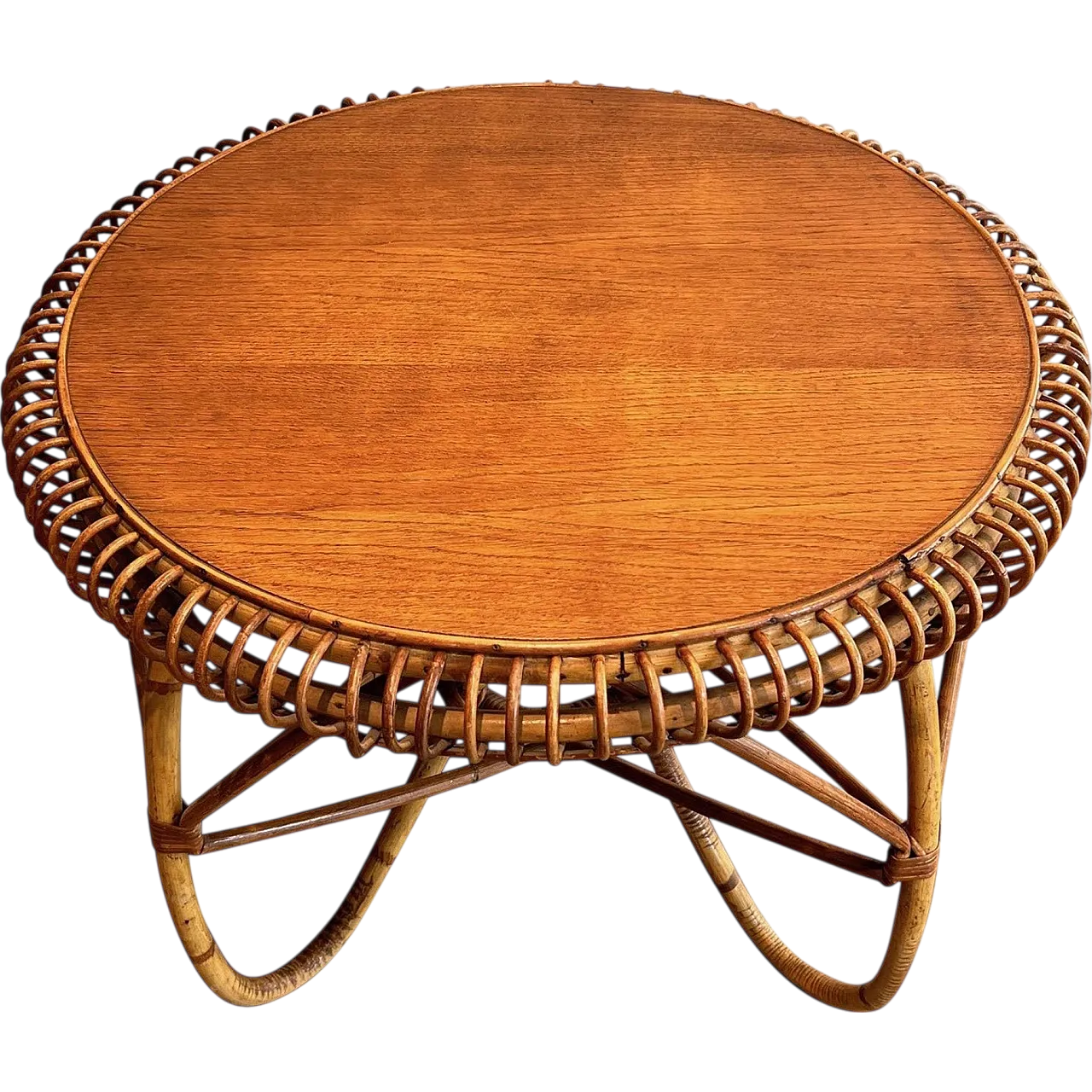 Round rattan and wood coffee table, 1950s 21