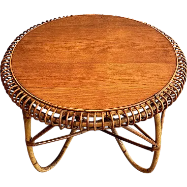 Round rattan and wood coffee table, 1950s